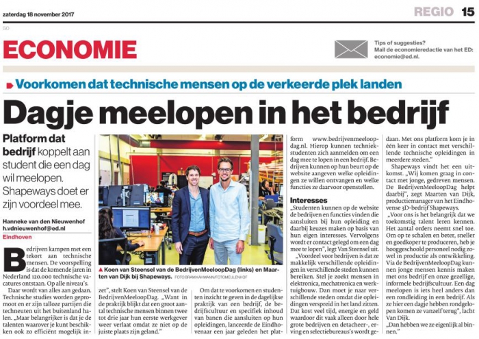 BedrijvenMeeloopDag en Shapeways in het Eindhovens Dagblad
